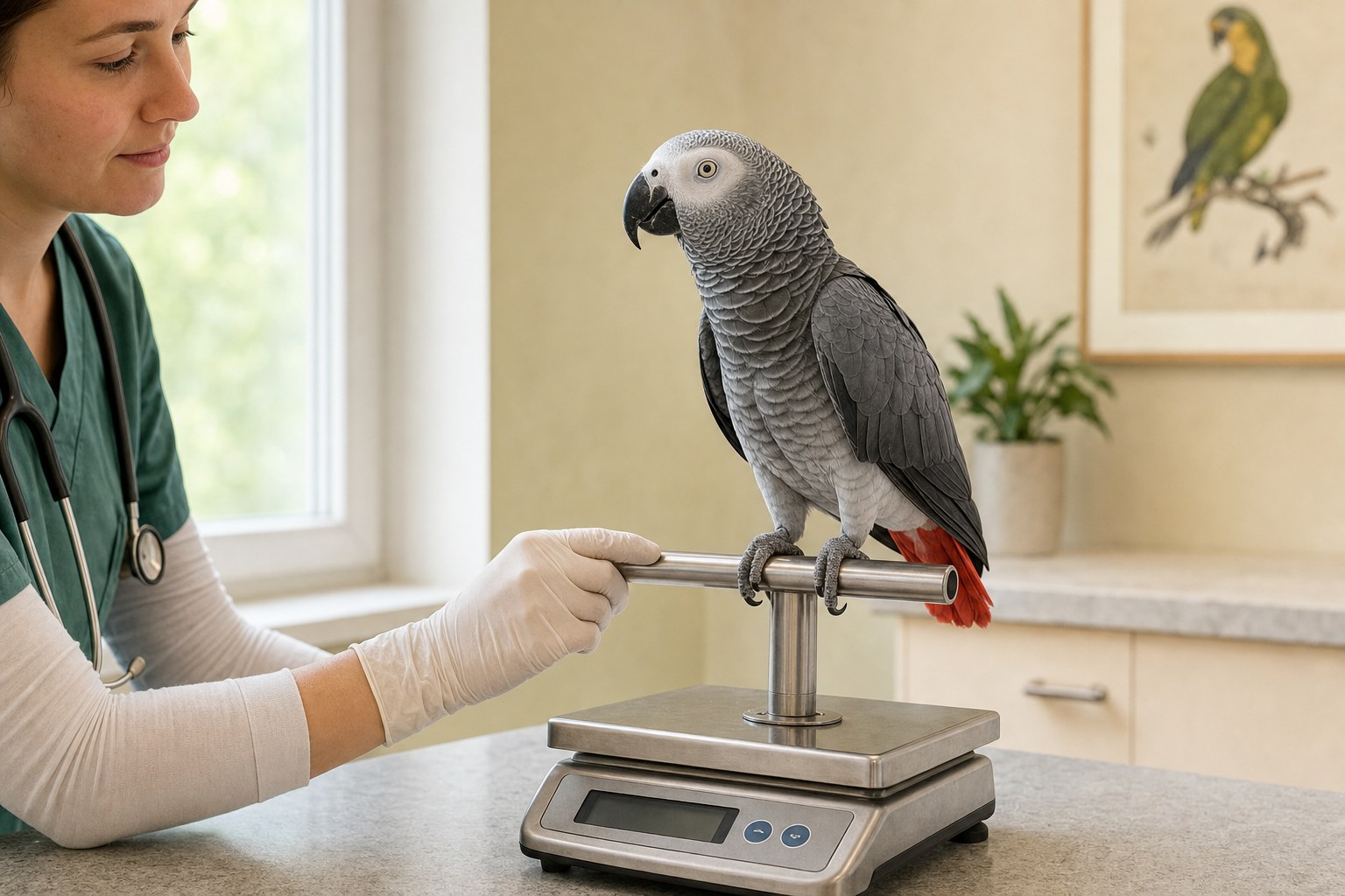 African grey standing on a veterinary perch scale during a weigh-in