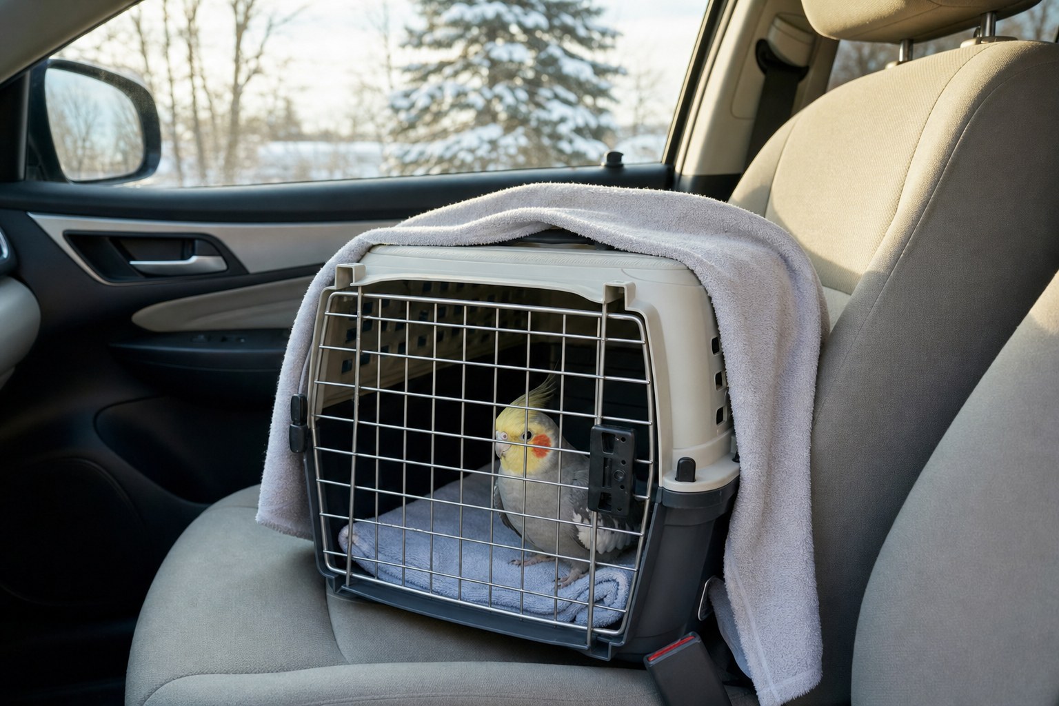 Cockatiel travelling safely in a small carrier inside a warmed car