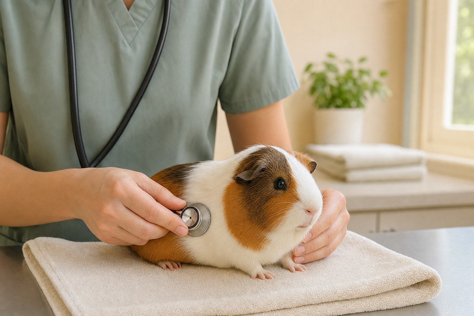 Guinea pig receiving a gentle veterinary examination