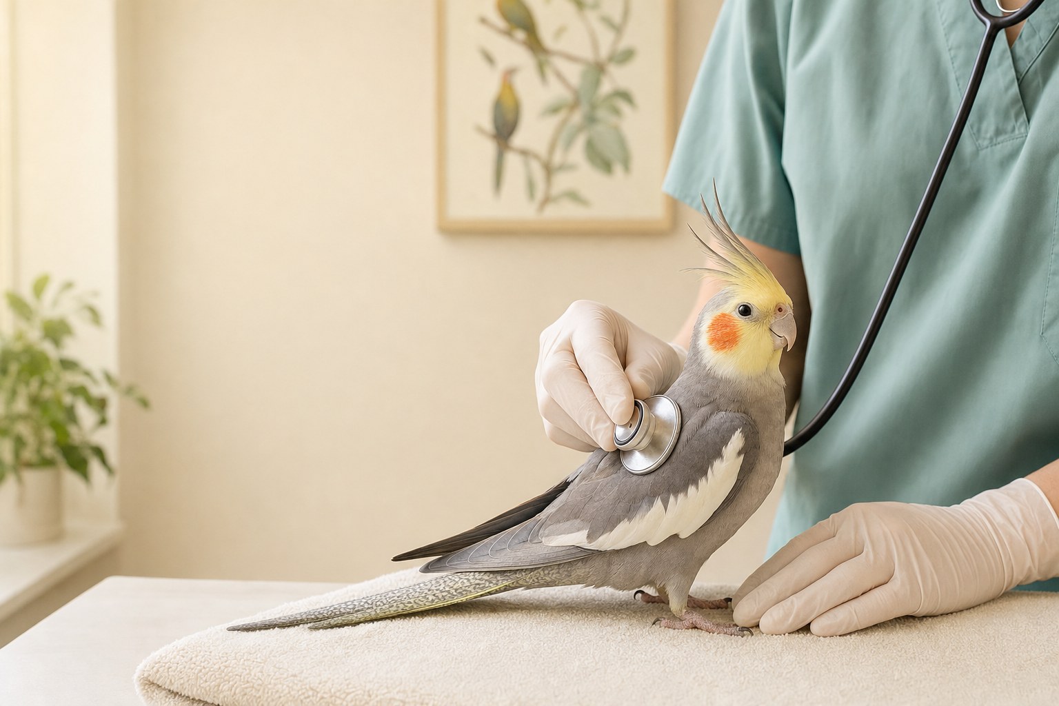 Cockatiel receiving a gentle veterinary examination