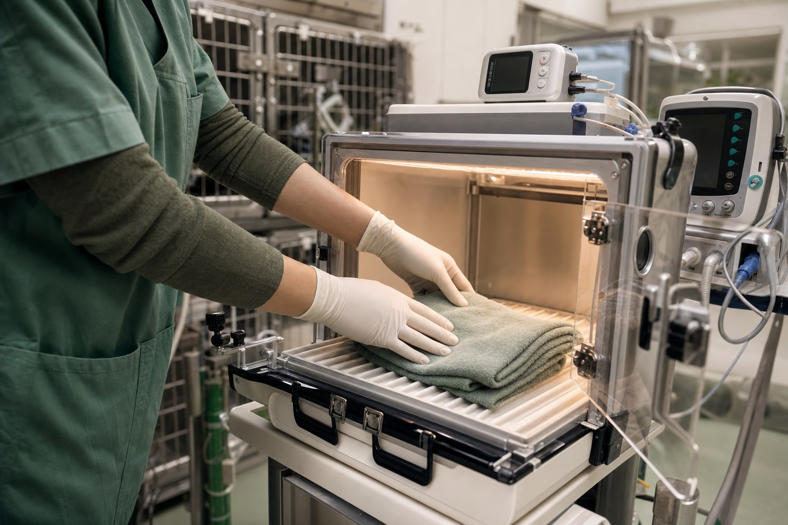 Heated recovery cage prepared for an exotic animal patient