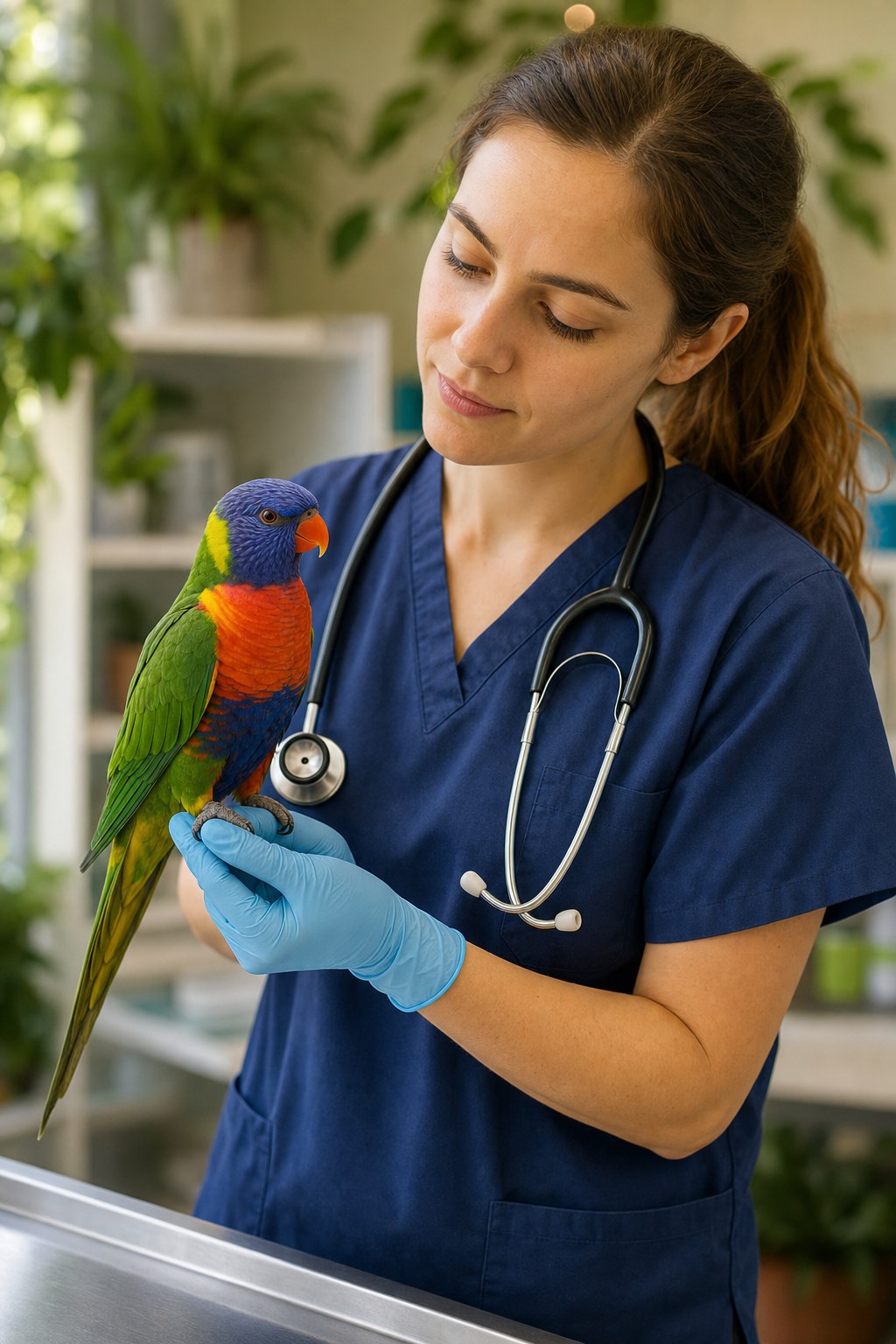 Rainbow lorikeet resting on a veterinarian’s gloved hand