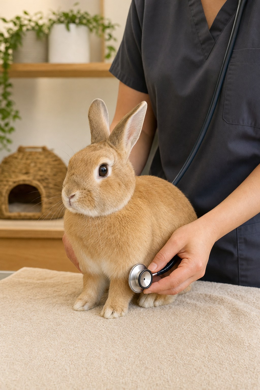 Tan rabbit during a calm wellness examination