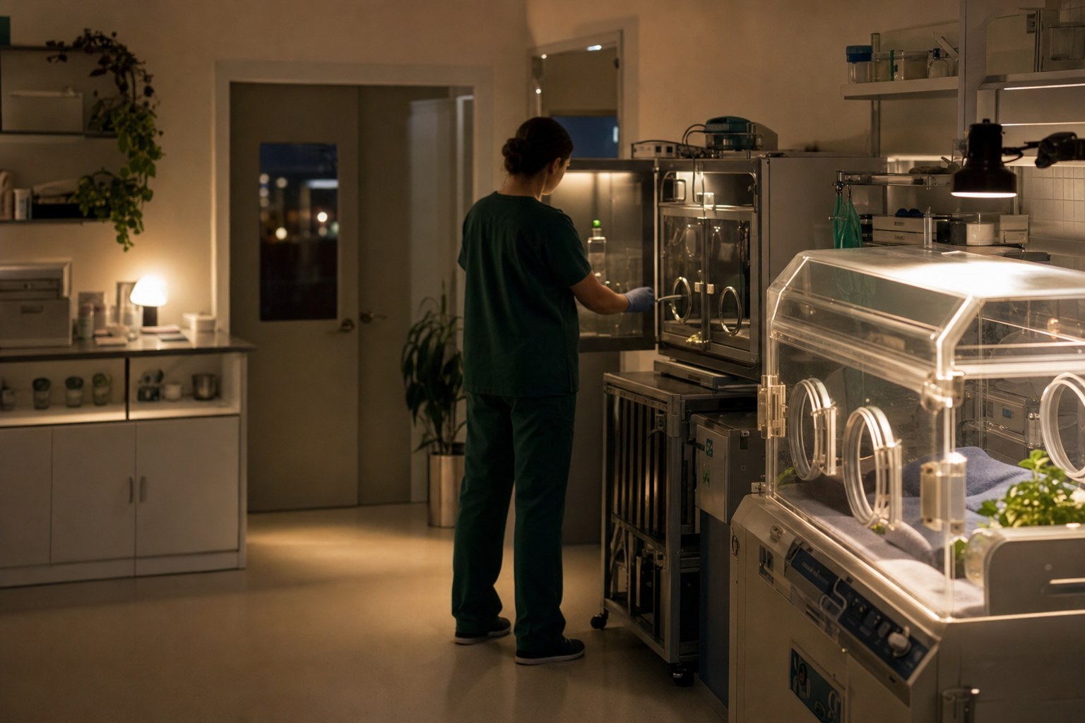 Warm exotic animal recovery ward at night