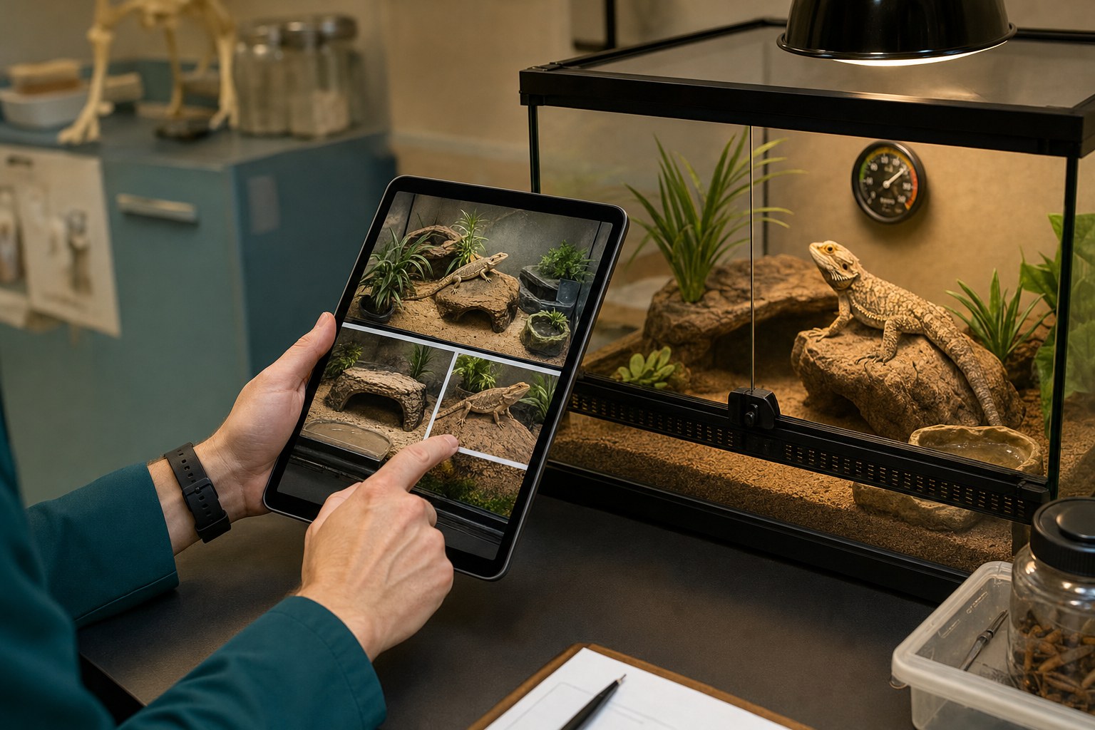 Veterinarian reviewing reptile enclosure information