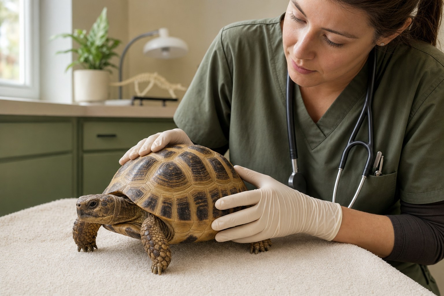 Russian tortoise receiving a careful veterinary examination