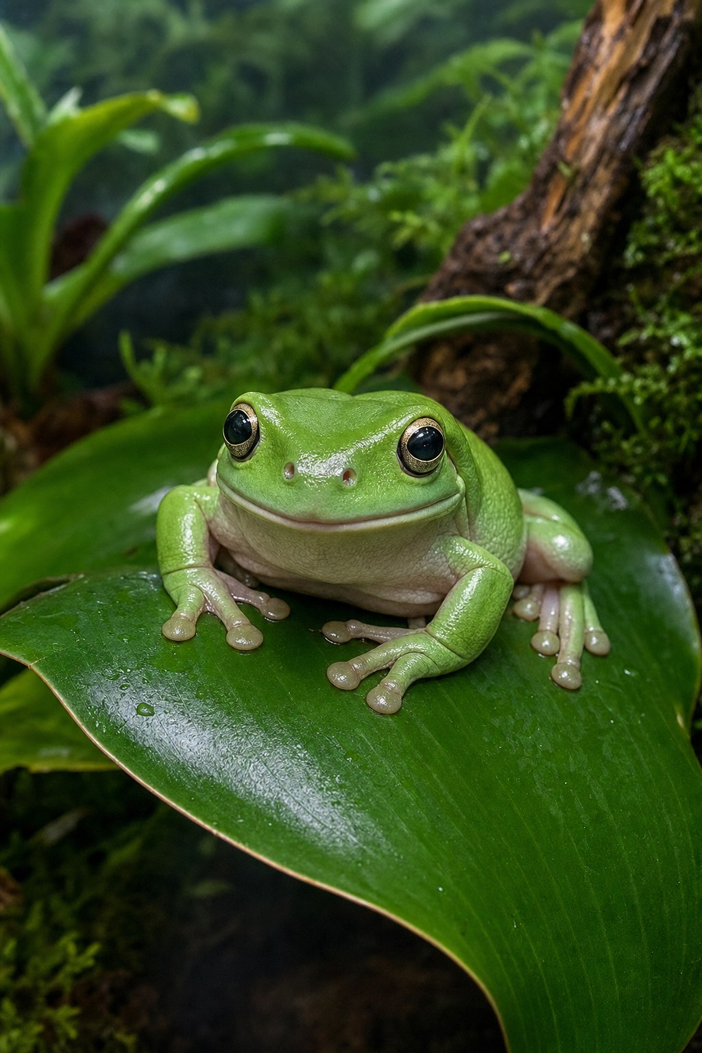 Green tree frog on a leaf