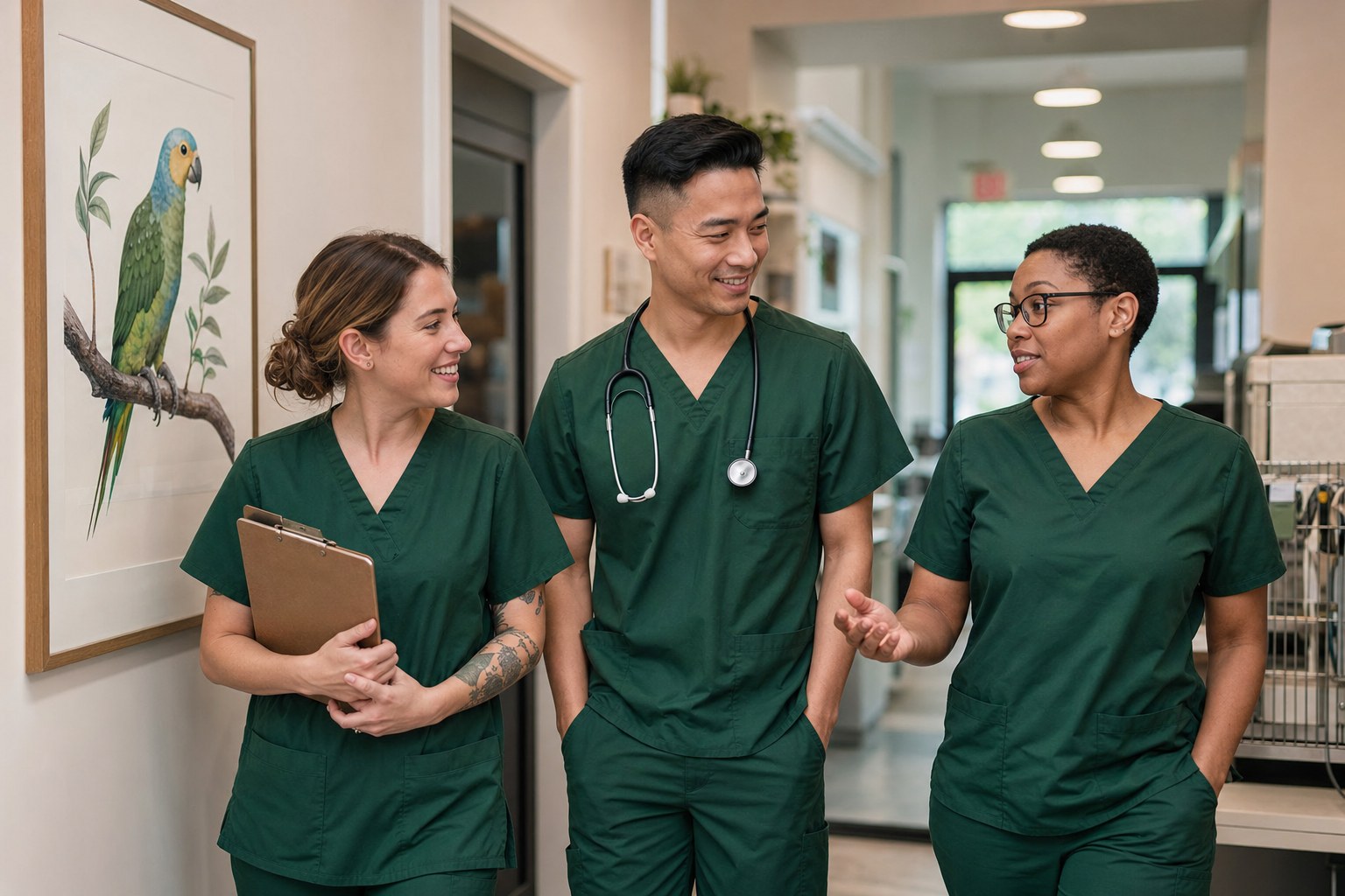 Lorikin’s veterinary team walking through a warm clinic hallway
